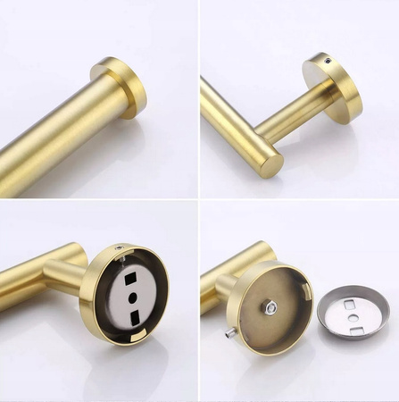 Brushed gold toilet paper holder mounted on L-tube pins